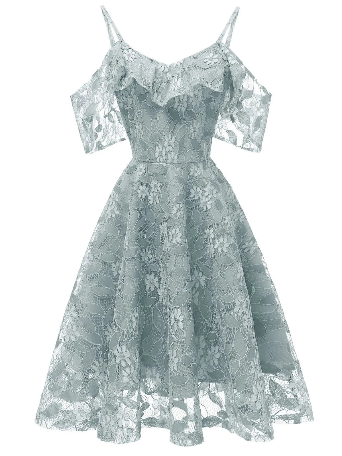 1950s Lace Cold Shoulder Ruffle Dress