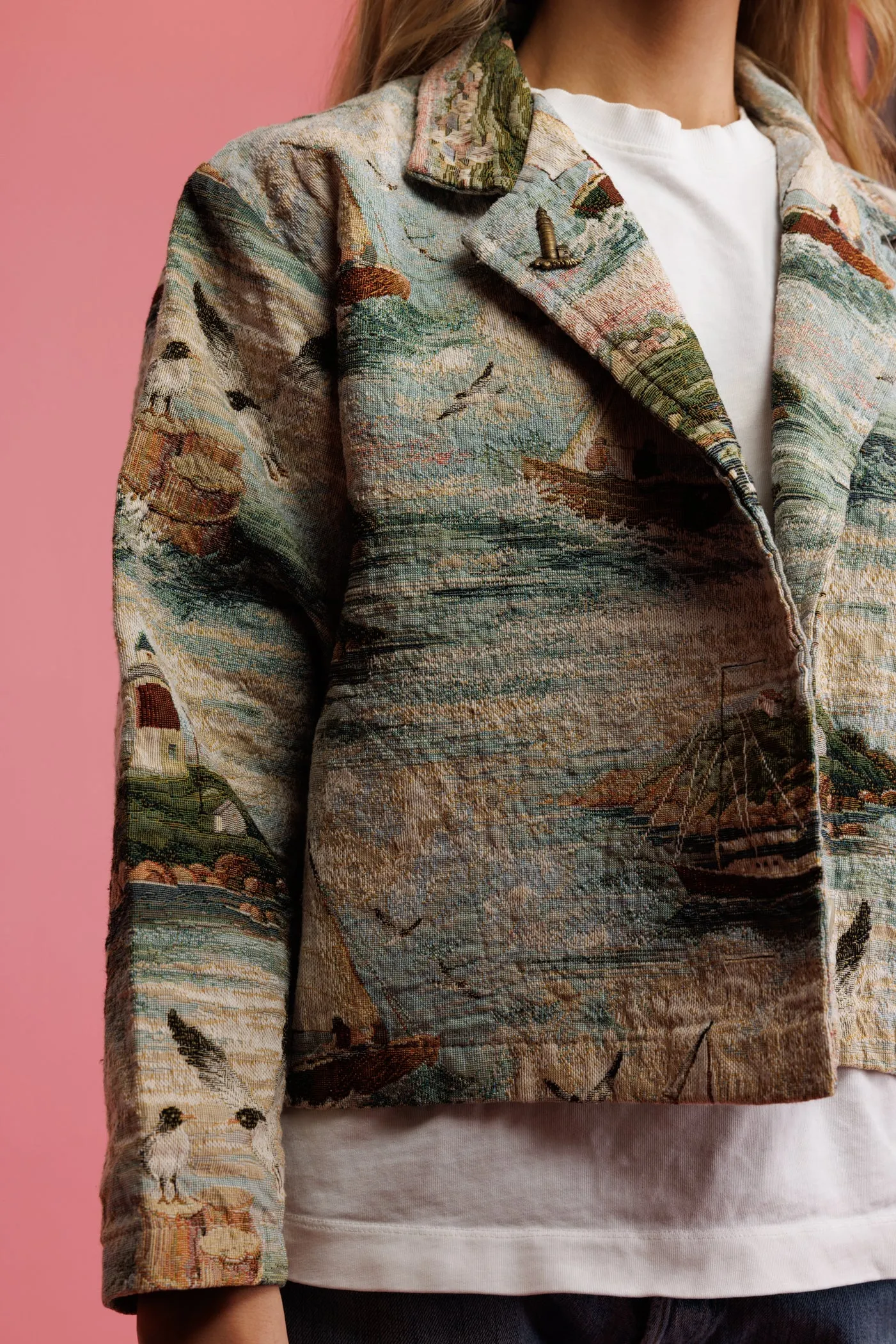 1980s Cropped Lighthouse Tapestry Jacket M