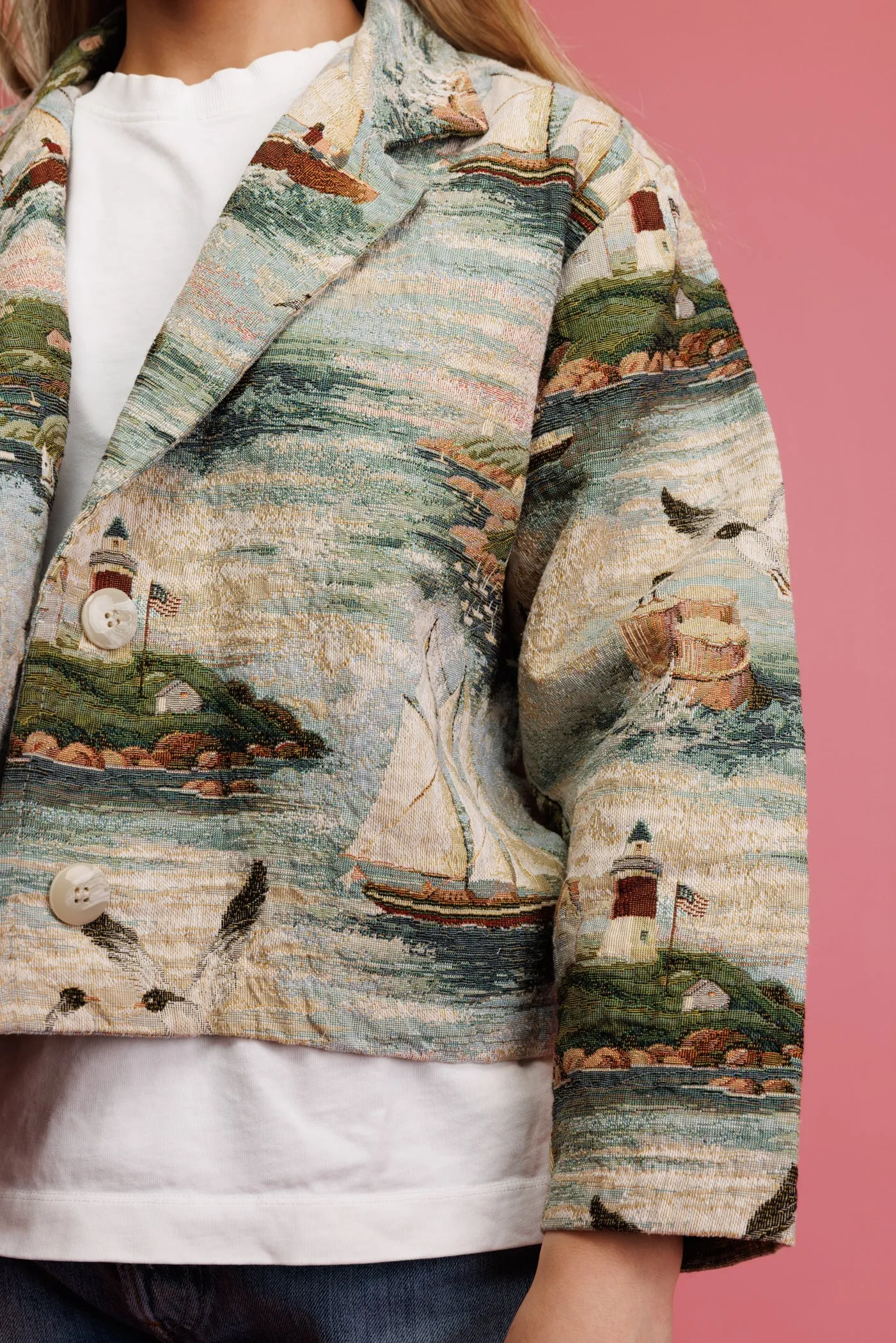 1980s Cropped Lighthouse Tapestry Jacket M