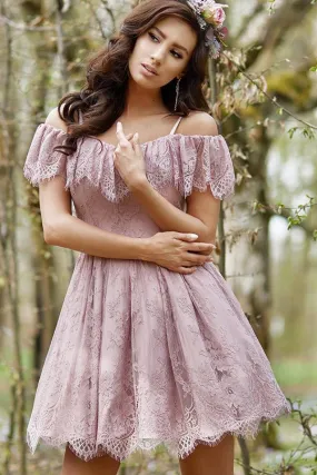 A-Line Cold Shoulder Purple Lace Homecoming Party Dress with Ruffles Prom Dresses SWK14965