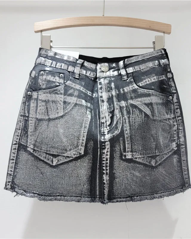 A-Line Hot Stamping High-Waist Hip-Hugging Denim Skirt