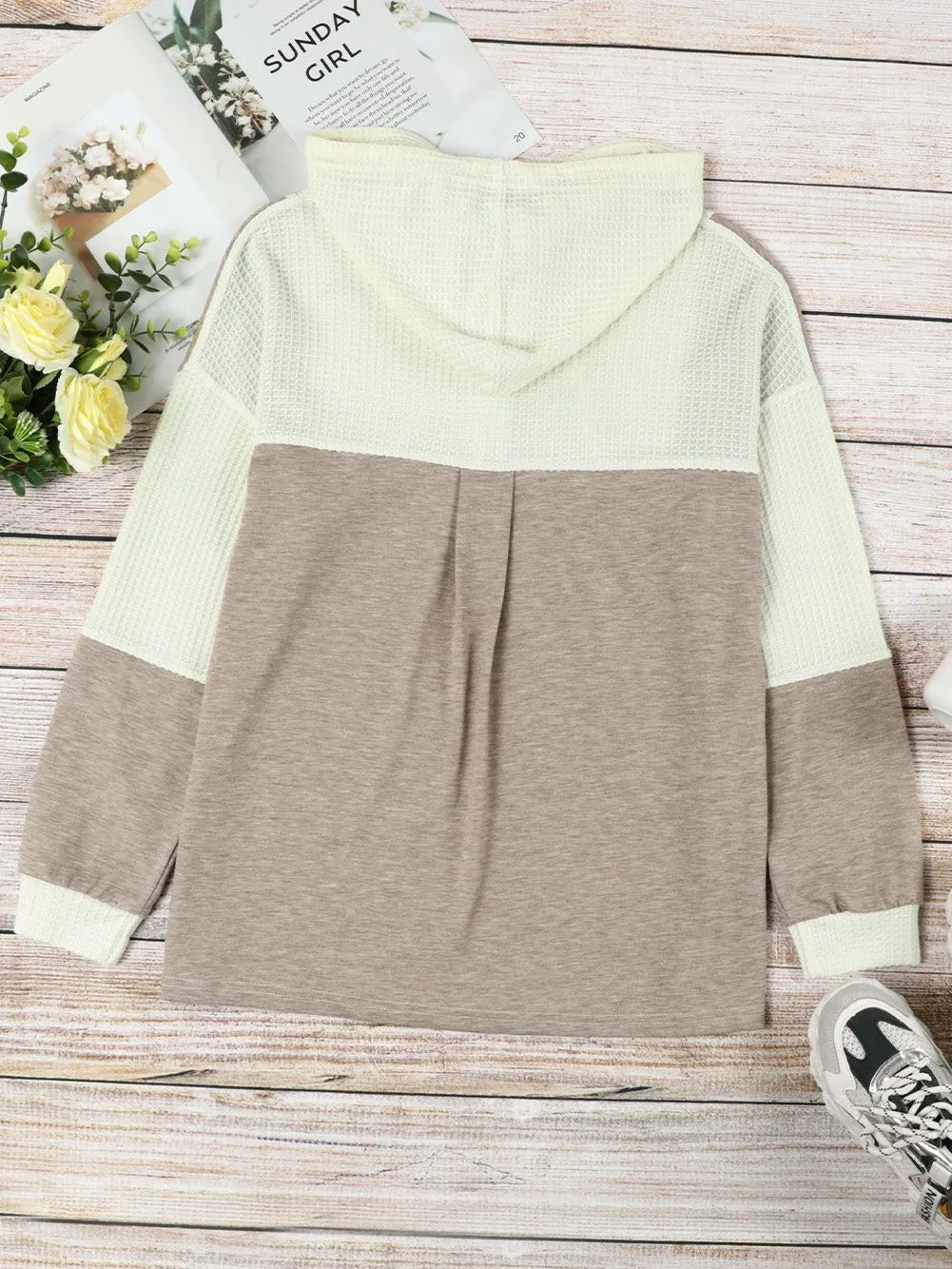 Apricot Color Block Waffle Knit Hooded Sweatshirt