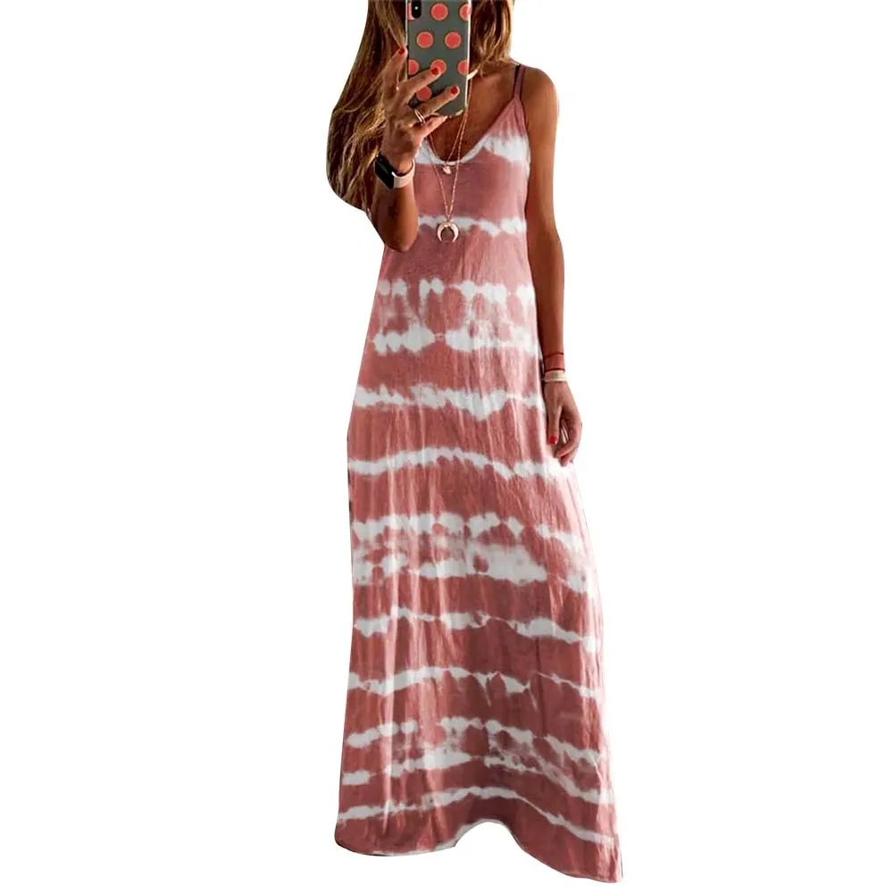 Ashore Shop New Arrival M-5XL Plus Size Women Ladies Casual Loose Sleeveless V Neck Tie Dye Print Long Vest Beach Sling Dress Spring Summer