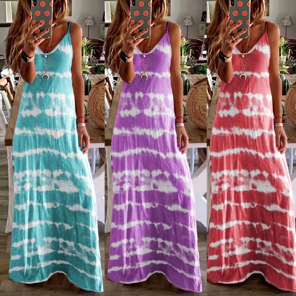 Ashore Shop New Arrival M-5XL Plus Size Women Ladies Casual Loose Sleeveless V Neck Tie Dye Print Long Vest Beach Sling Dress Spring Summer