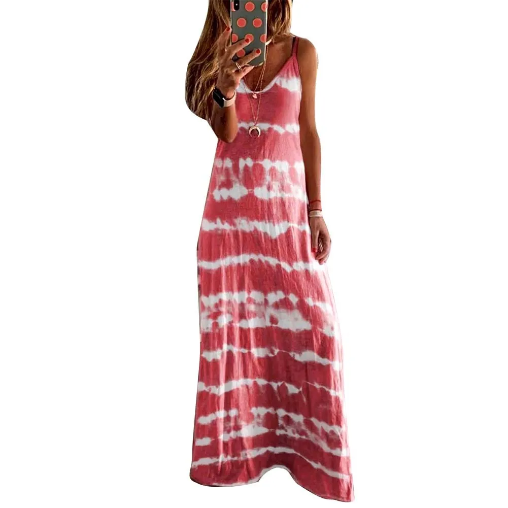 Ashore Shop New Arrival M-5XL Plus Size Women Ladies Casual Loose Sleeveless V Neck Tie Dye Print Long Vest Beach Sling Dress Spring Summer