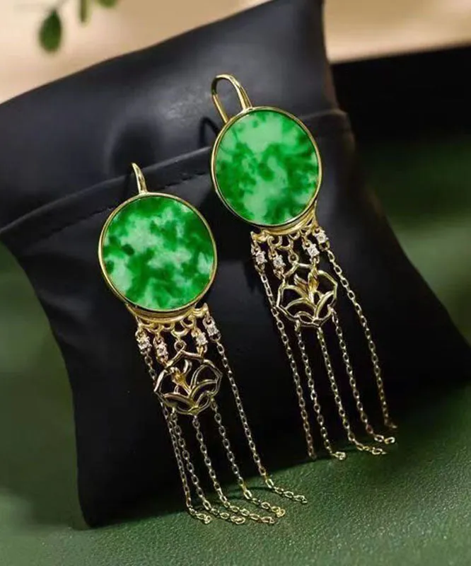 Beautiful Green Sterling Silver Tie Dye Round Tassel Jadeite Drop Earrings TW1022