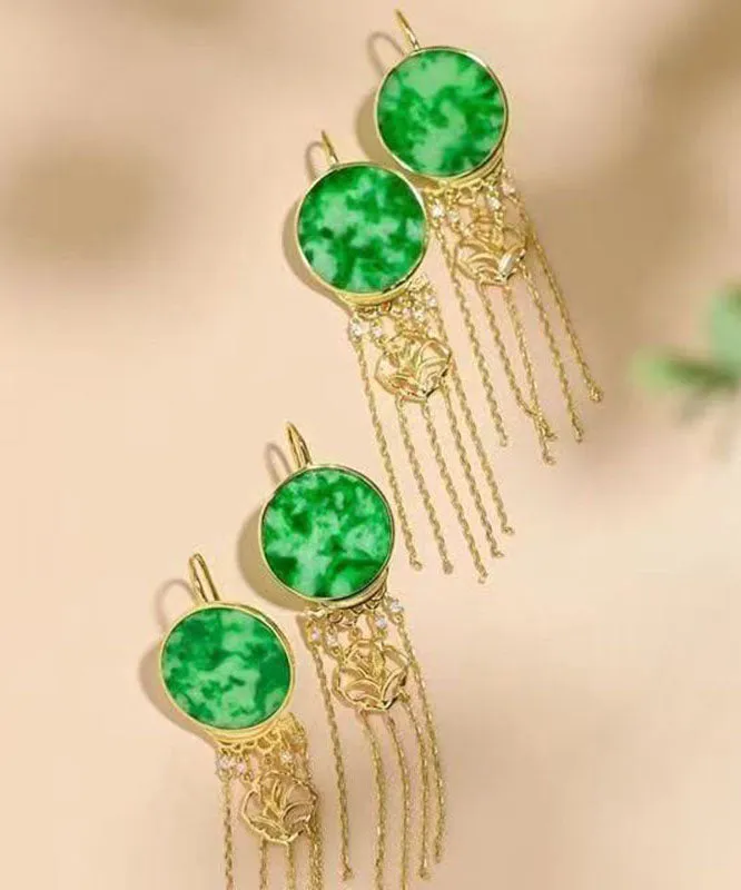 Beautiful Green Sterling Silver Tie Dye Round Tassel Jadeite Drop Earrings TW1022