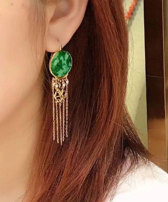 Beautiful Green Sterling Silver Tie Dye Round Tassel Jadeite Drop Earrings TW1022