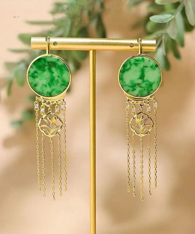 Beautiful Green Sterling Silver Tie Dye Round Tassel Jadeite Drop Earrings TW1022