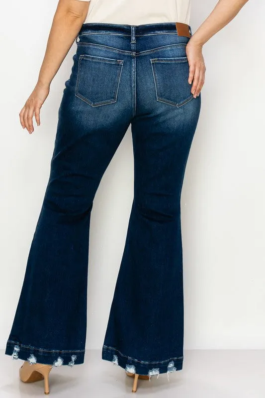 Beautifully Sized Mid Rise Flare Jean with Distressed Hem