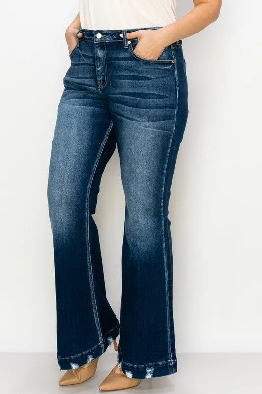 Beautifully Sized Mid Rise Flare Jean with Distressed Hem