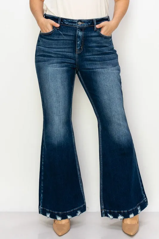 Beautifully Sized Mid Rise Flare Jean with Distressed Hem