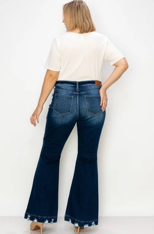 Beautifully Sized Mid Rise Flare Jean with Distressed Hem