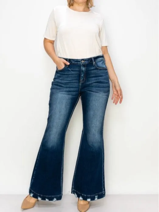 Beautifully Sized Mid Rise Flare Jean with Distressed Hem