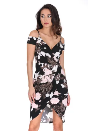 Black Floral Cold Shoulder Midi Dress