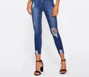 Blue Bleach Wash Distressed Denim Jeans