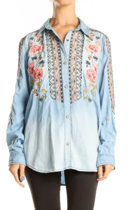 Blue Embroidered Denim Bohemian Top