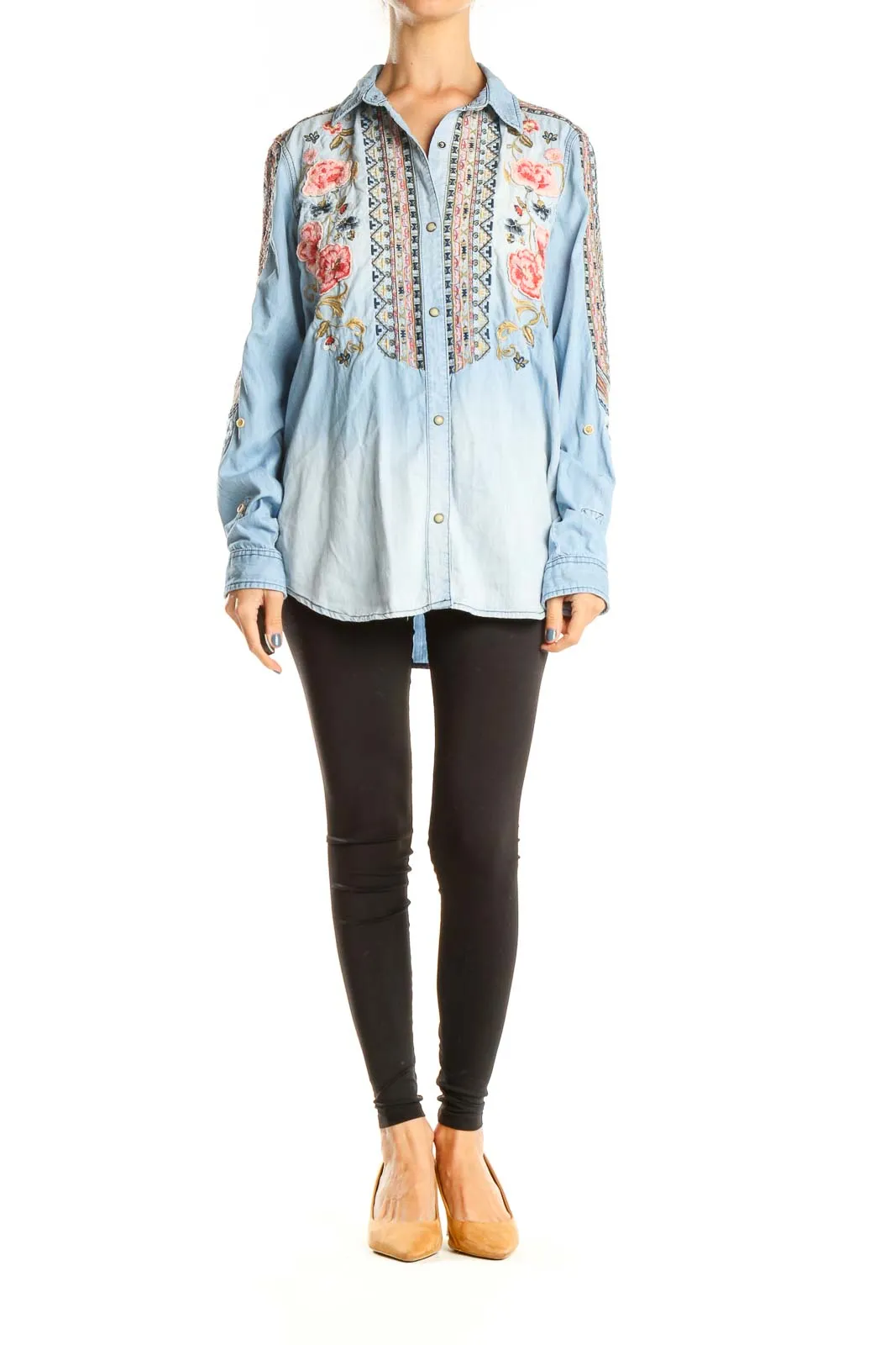 Blue Embroidered Denim Bohemian Top