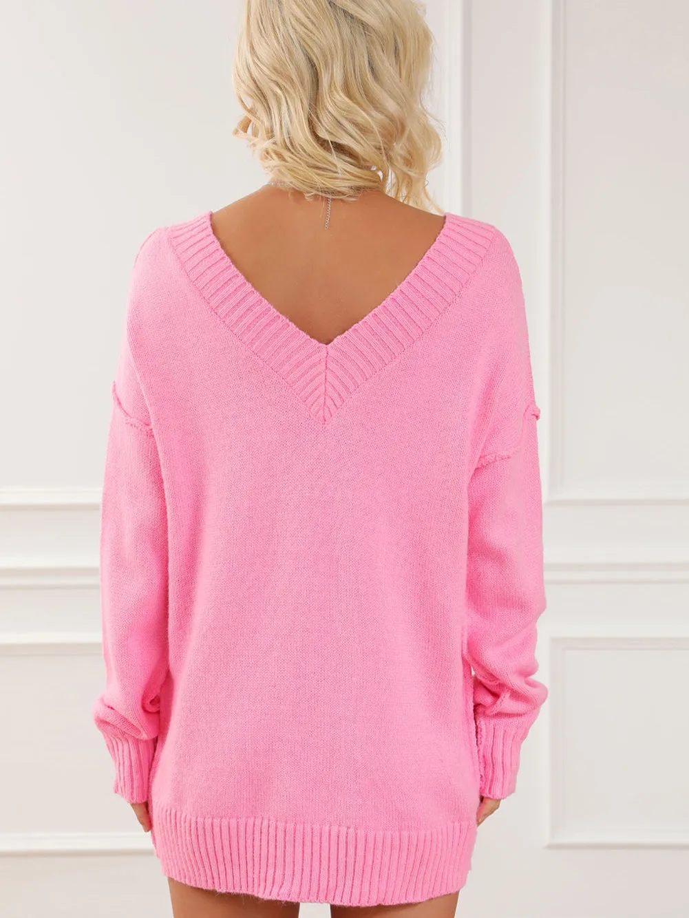 Blush Pink Oversized V Neck Knit Sweater with Exposed Seams