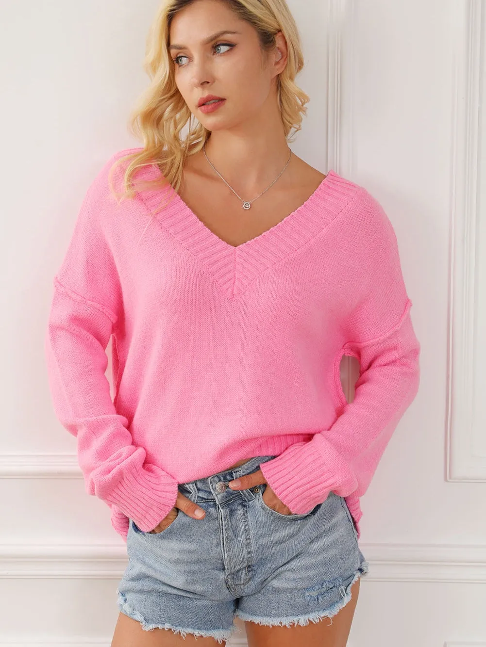 Blush Pink Oversized V Neck Knit Sweater with Exposed Seams