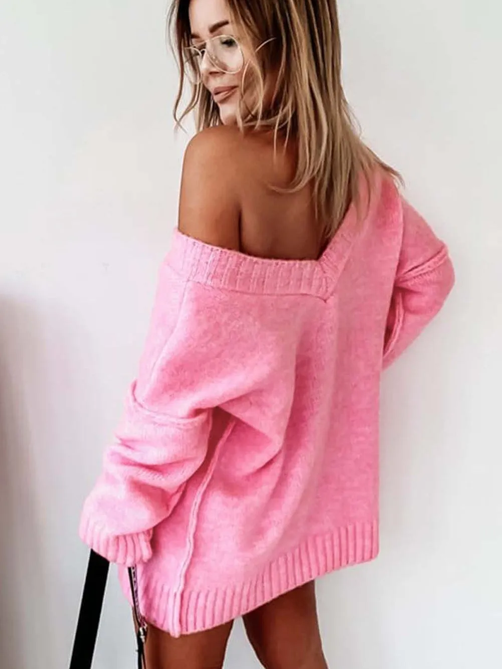 Blush Pink Oversized V Neck Knit Sweater with Exposed Seams