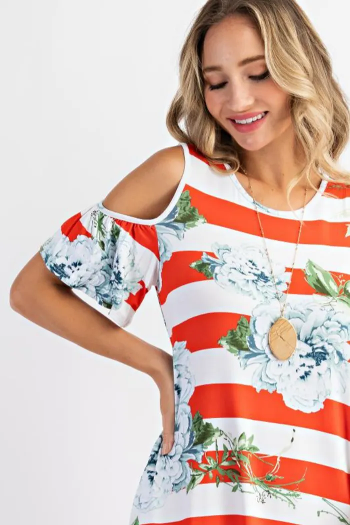 Bold stripe floral cold shoulder dress