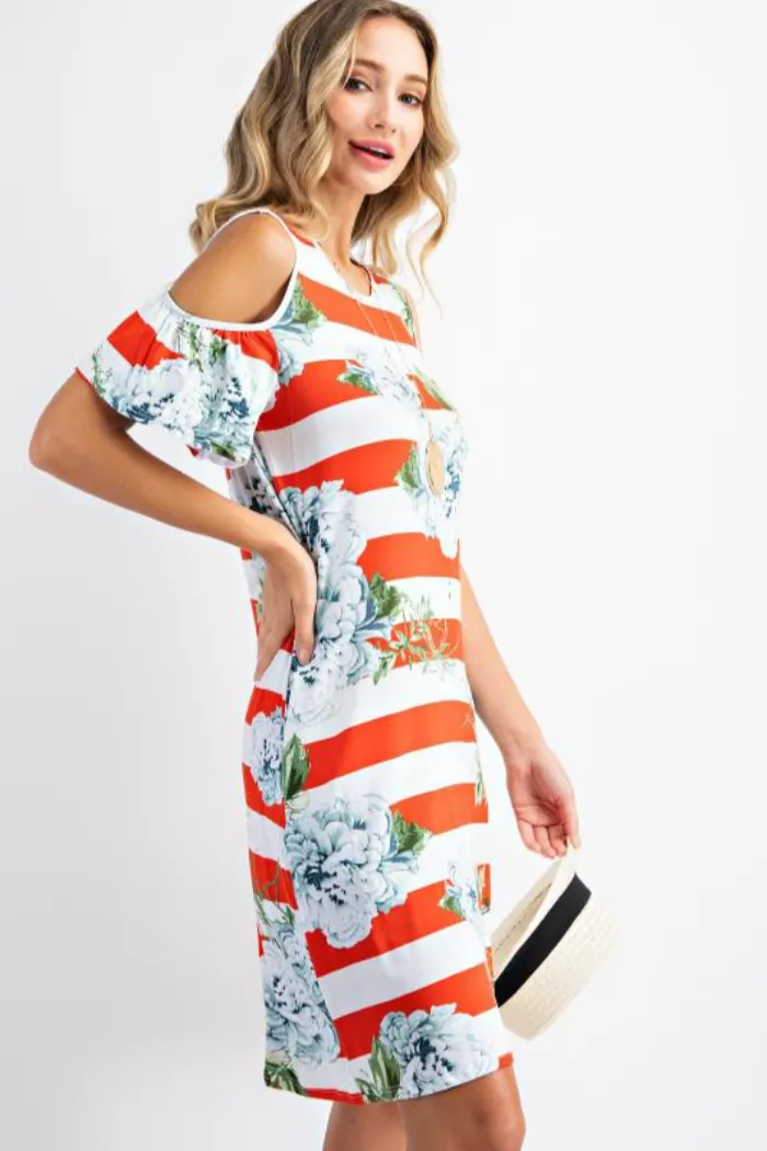 Bold stripe floral cold shoulder dress