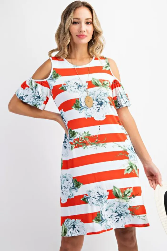 Bold stripe floral cold shoulder dress