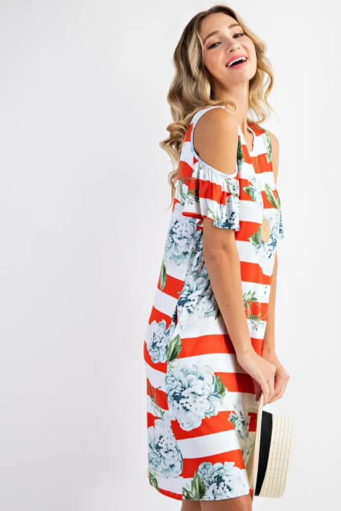 Bold stripe floral cold shoulder dress