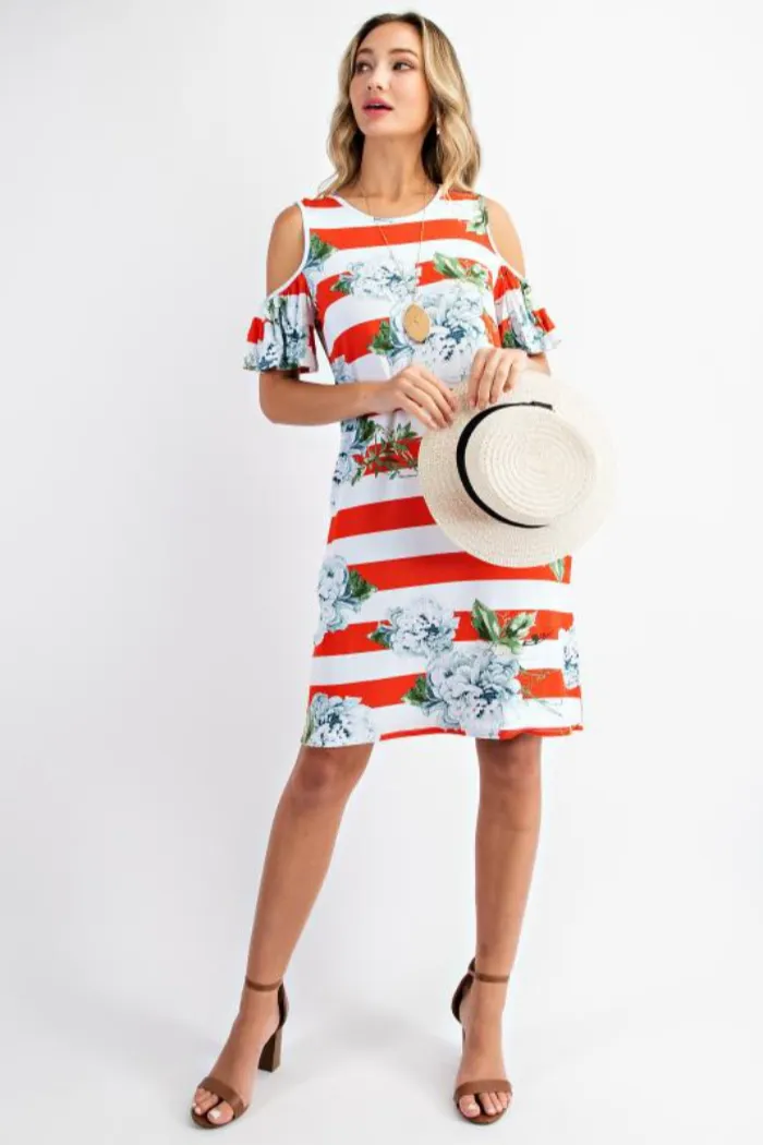 Bold stripe floral cold shoulder dress