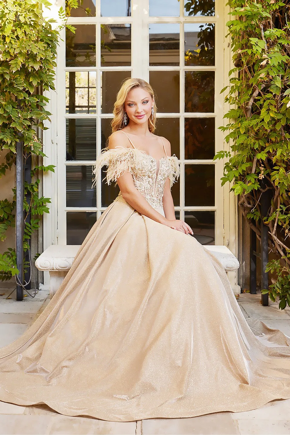 Champagne Cold Shoulder Metallic Glitter Feather Gown