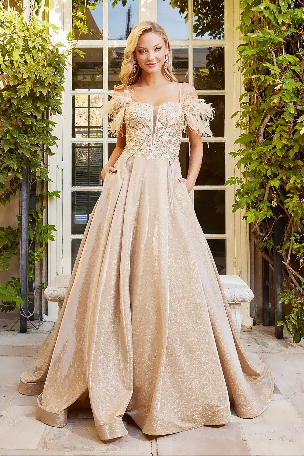 Champagne Cold Shoulder Metallic Glitter Feather Gown