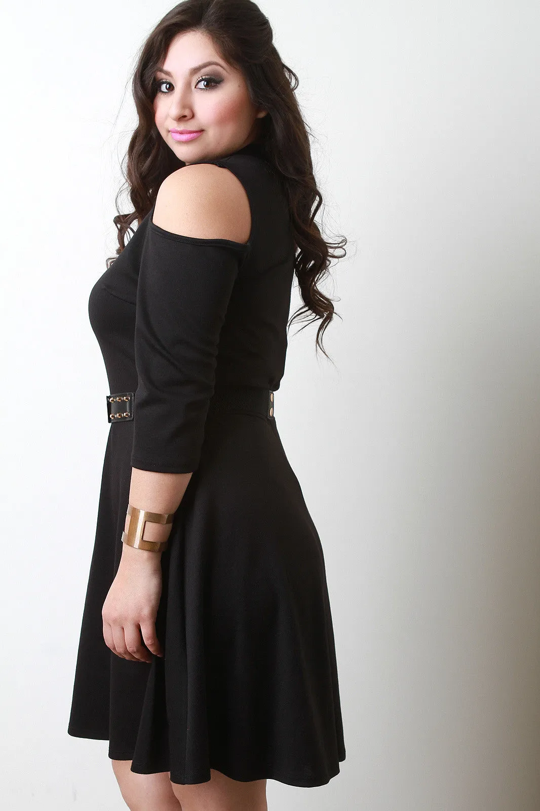 Cold Shoulder Belted Skater Dress