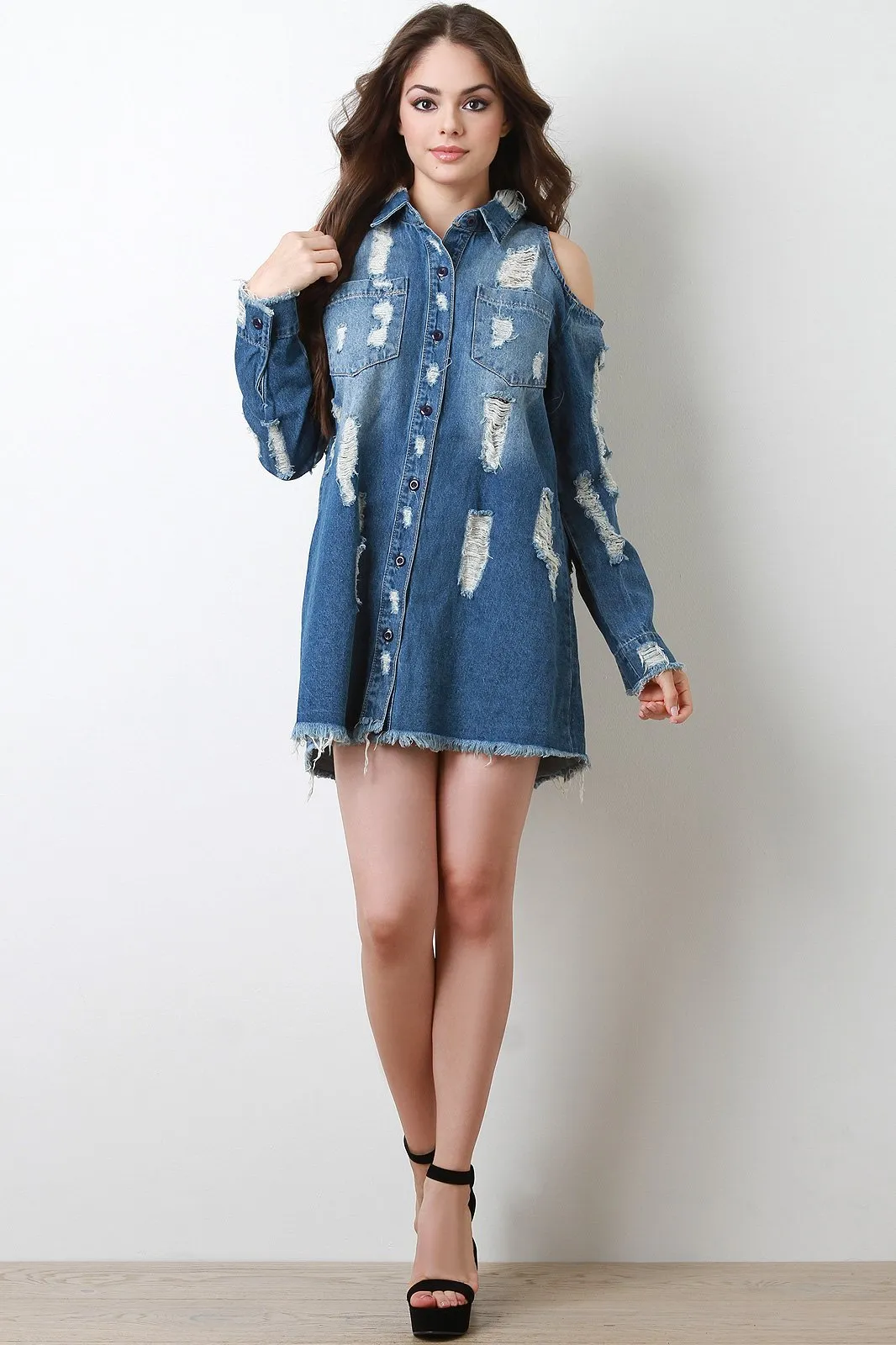 Cold Shoulder Distressed Denim Jean Shirt Dress