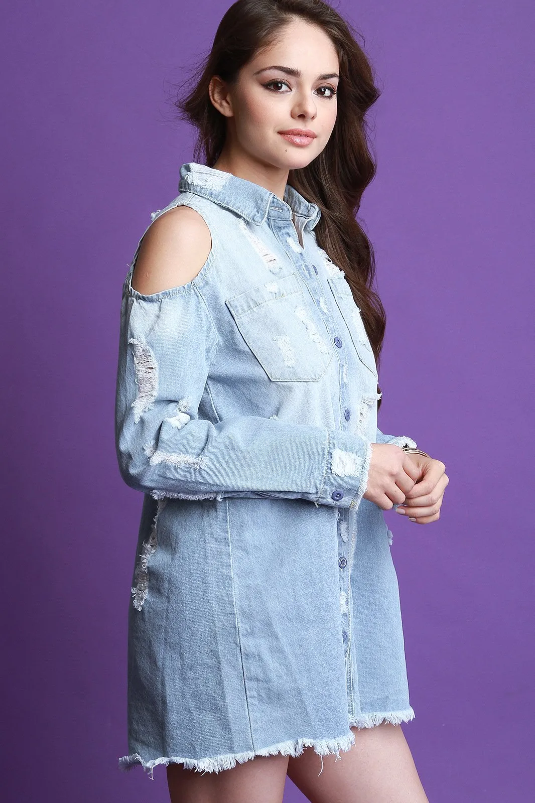 Cold Shoulder Distressed Denim Jean Shirt Dress