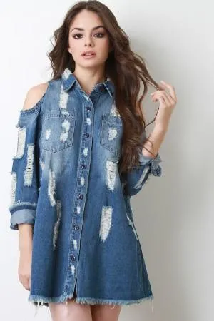 Cold Shoulder Distressed Denim Jean Shirt Dress