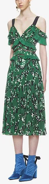 Cold-Shoulder Floral Printed Dress, Green