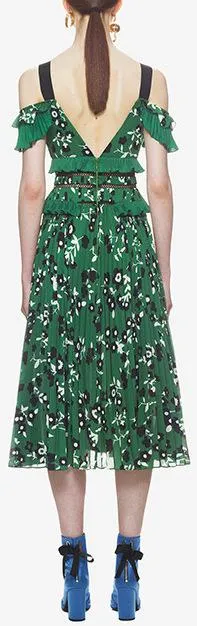 Cold-Shoulder Floral Printed Dress, Green