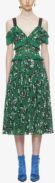 Cold-Shoulder Floral Printed Dress, Green