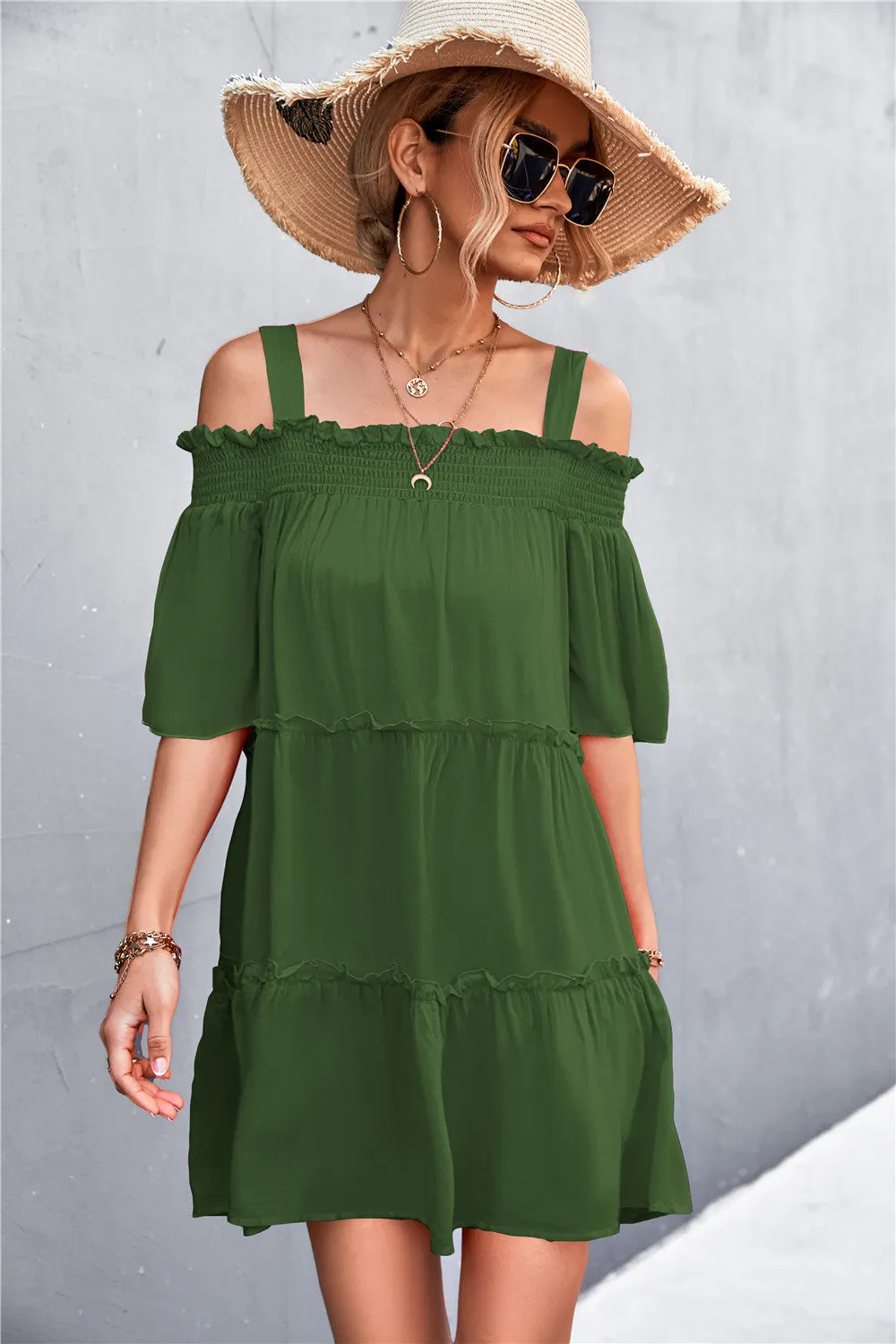 Cold-Shoulder Frill Trim Tiered Dress