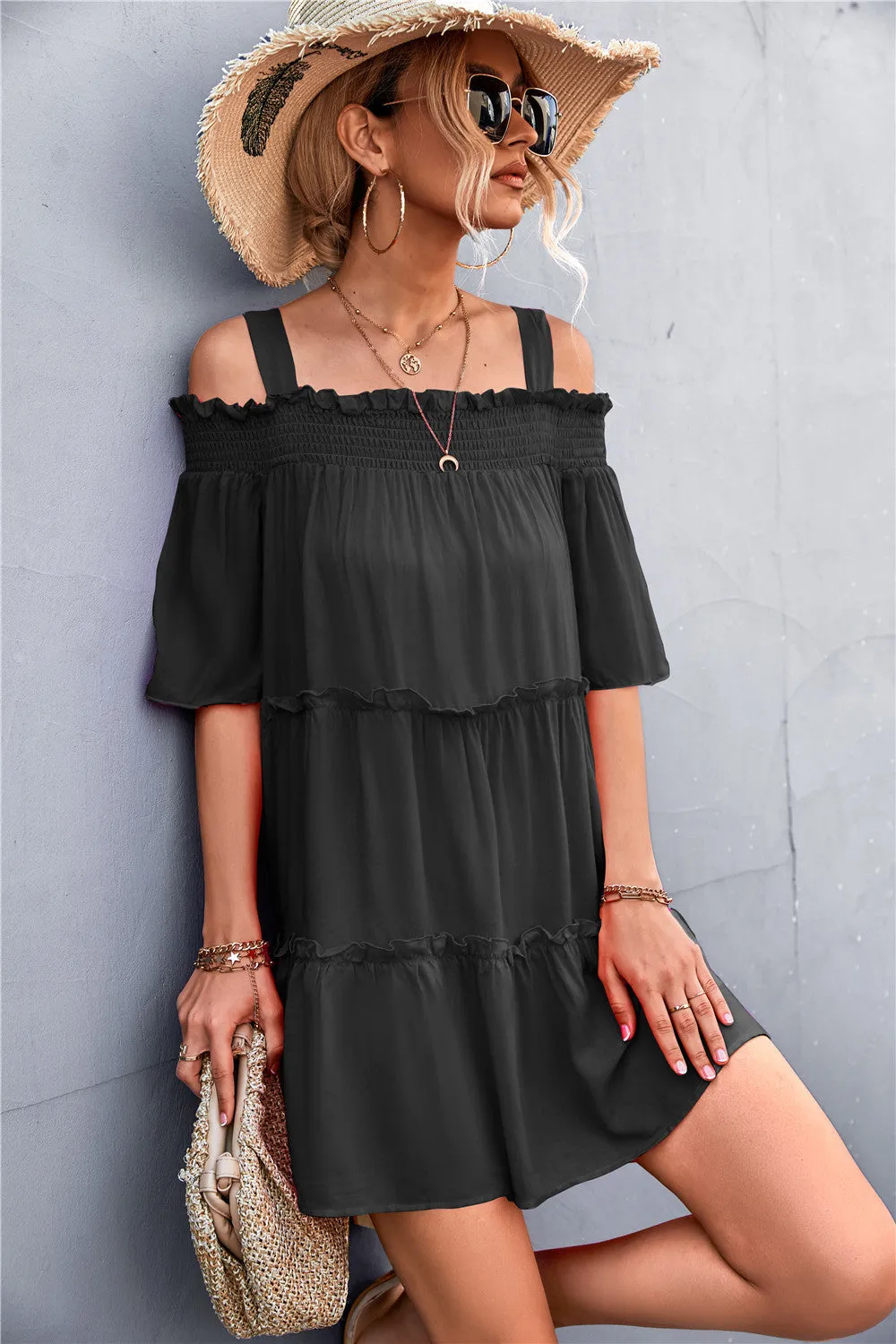 Cold-Shoulder Frill Trim Tiered Dress