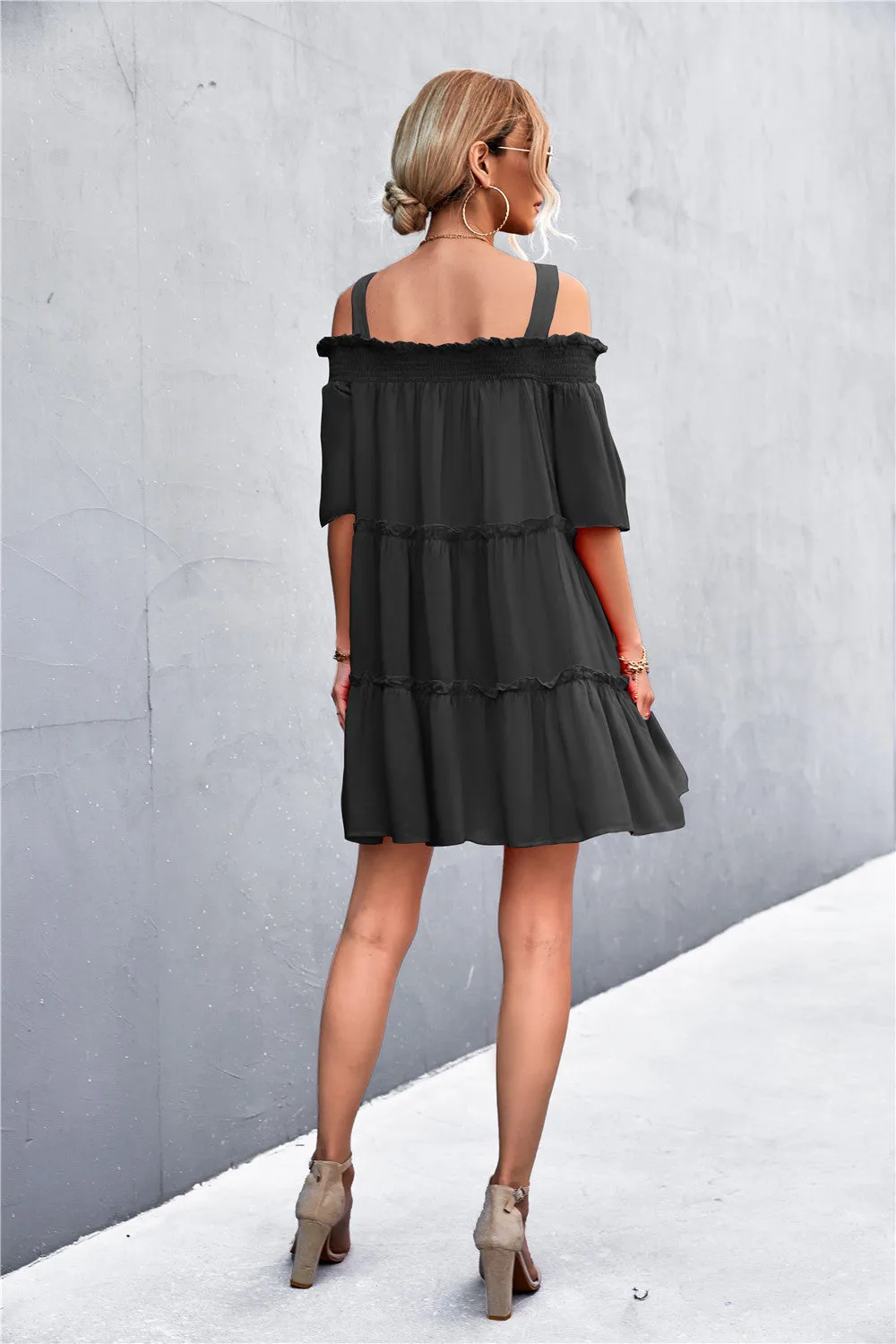 Cold-Shoulder Frill Trim Tiered Dress