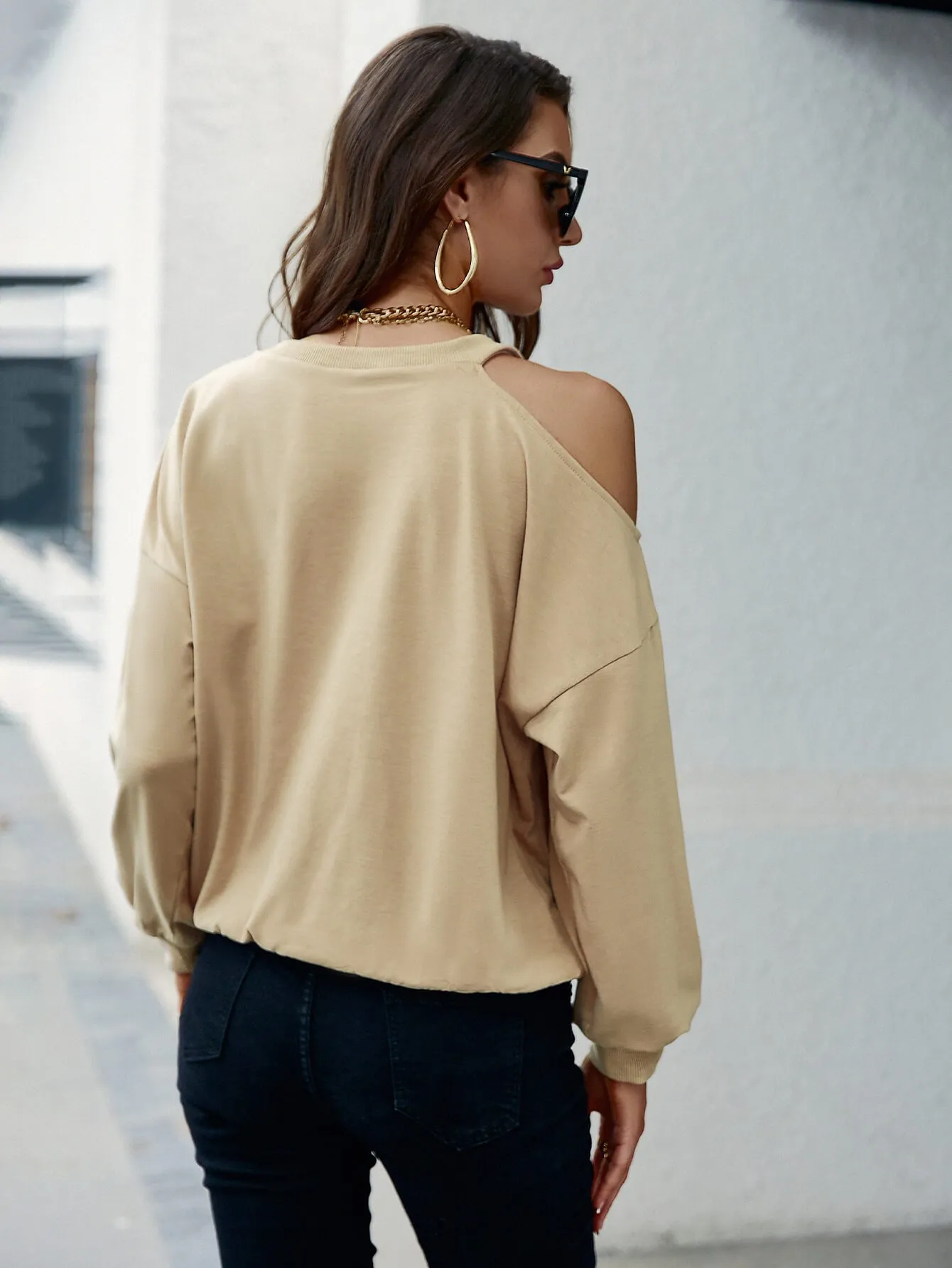 Cold-Shoulder Ribbed Trim Sweatshirt