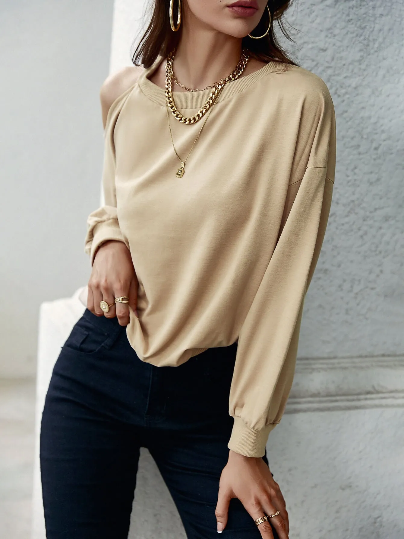 Cold-Shoulder Ribbed Trim Sweatshirt