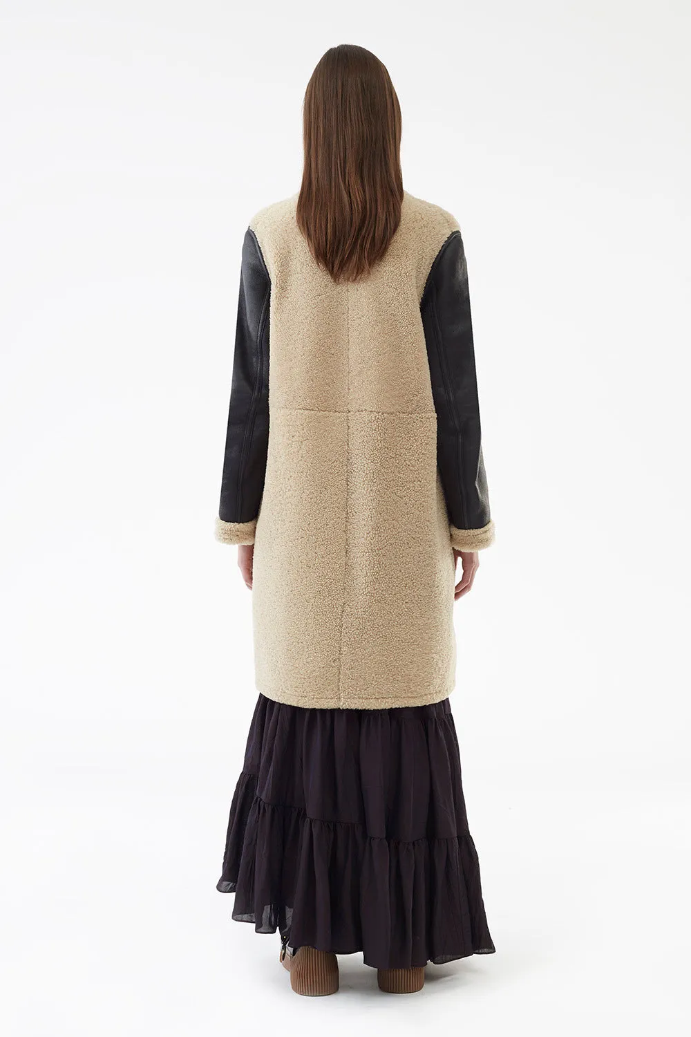 Collarless Shearling Coat