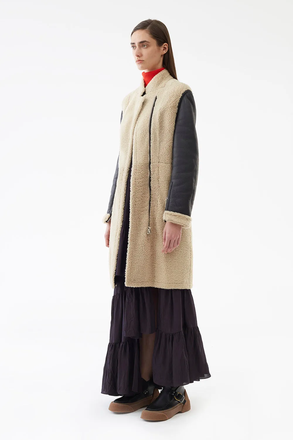 Collarless Shearling Coat