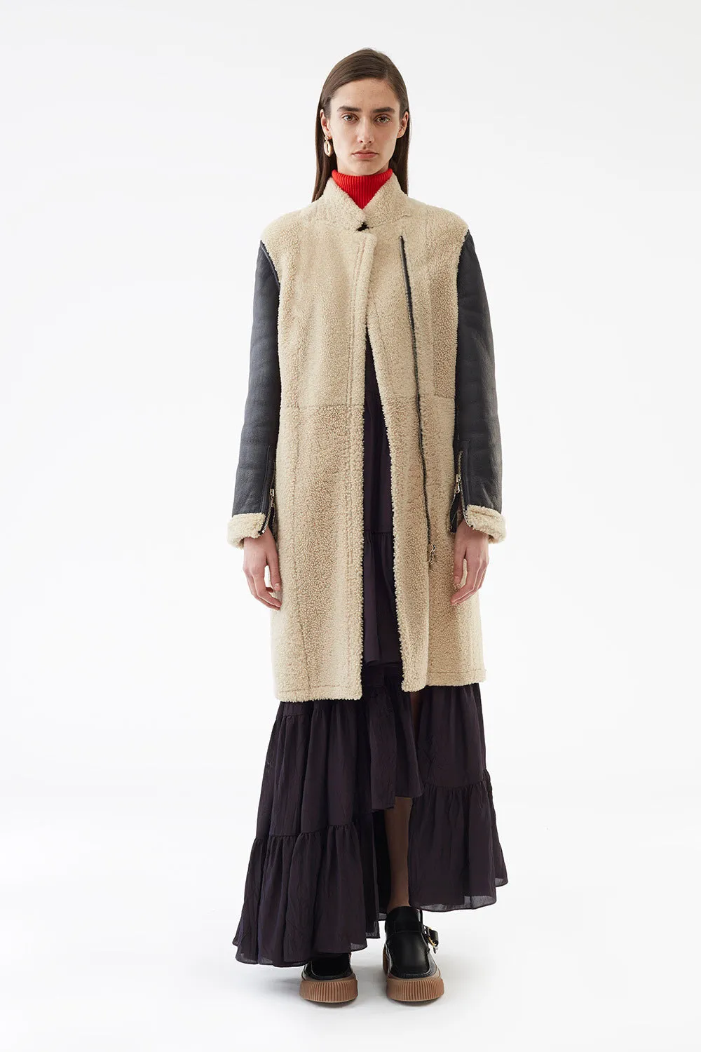 Collarless Shearling Coat