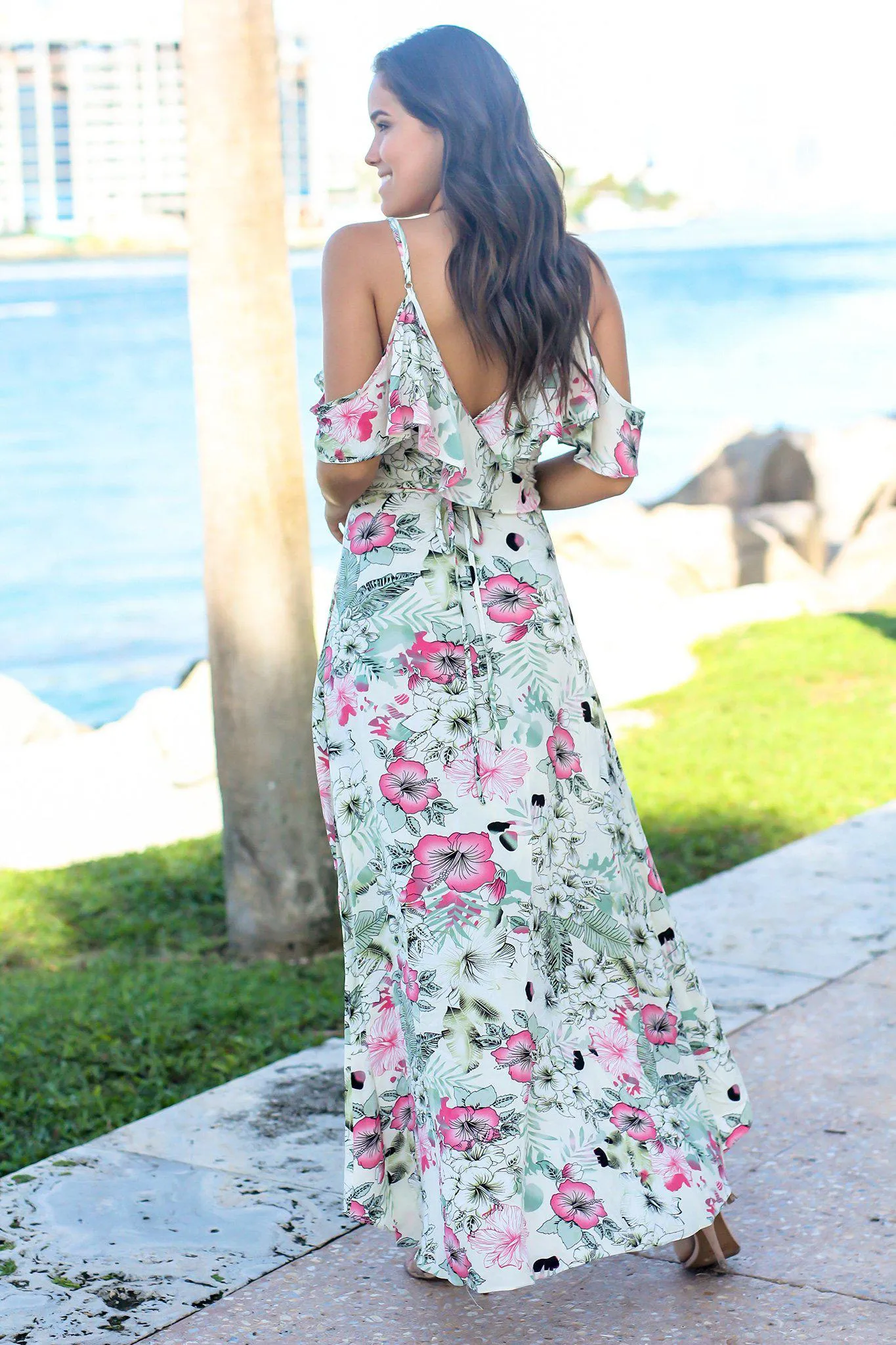 Cream Floral Cold Shoulder High Low Dress