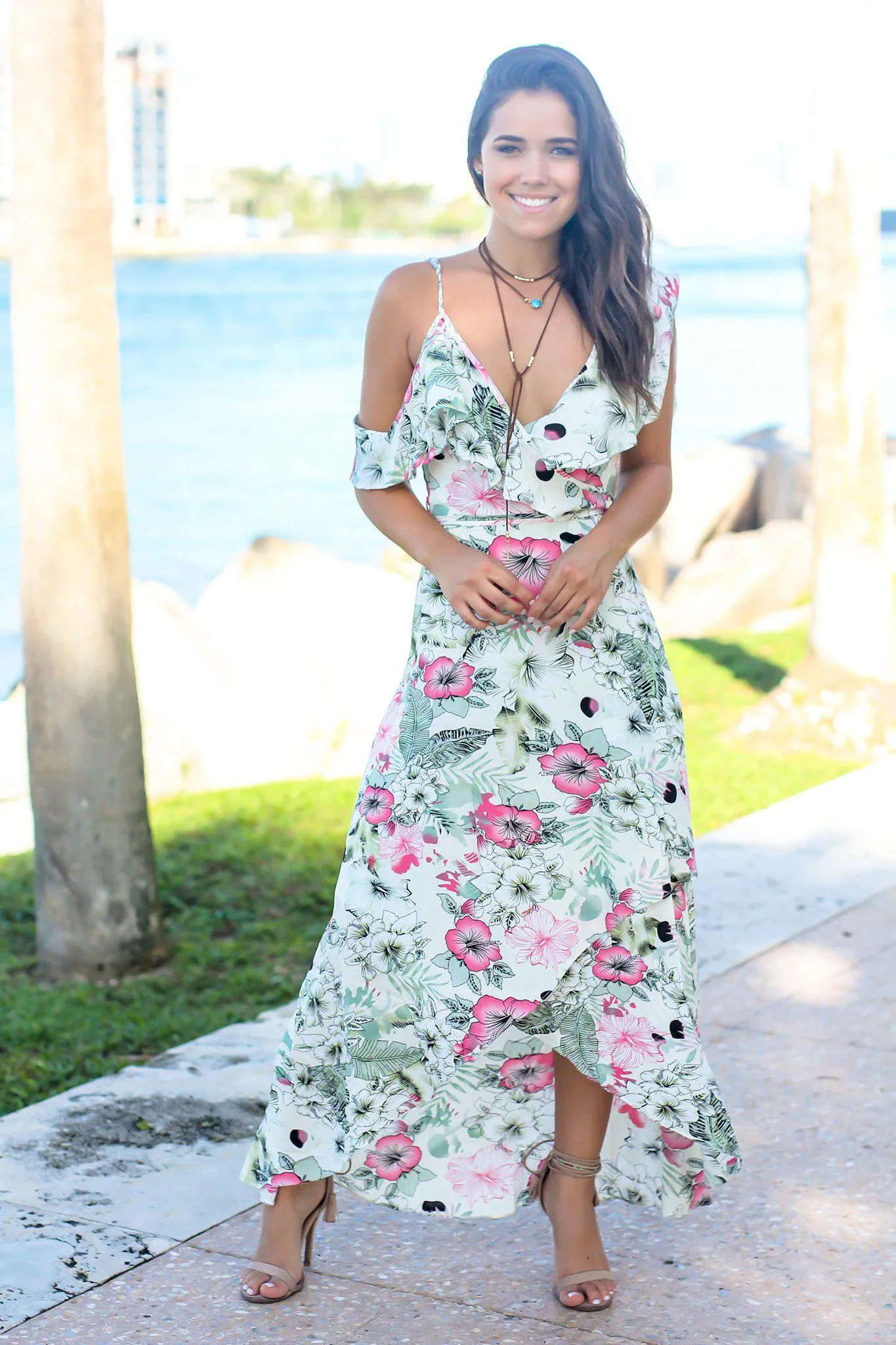 Cream Floral Cold Shoulder High Low Dress