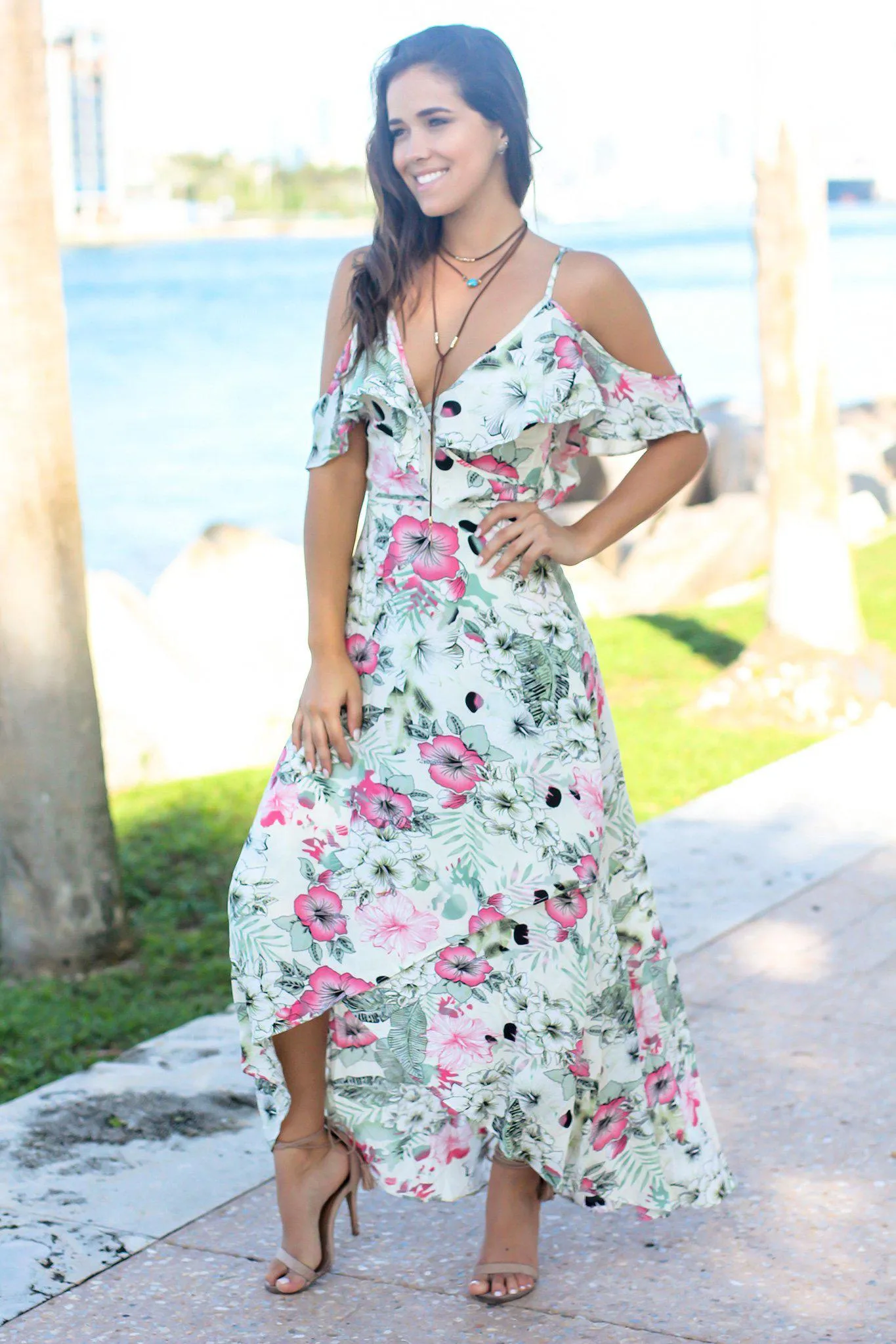 Cream Floral Cold Shoulder High Low Dress